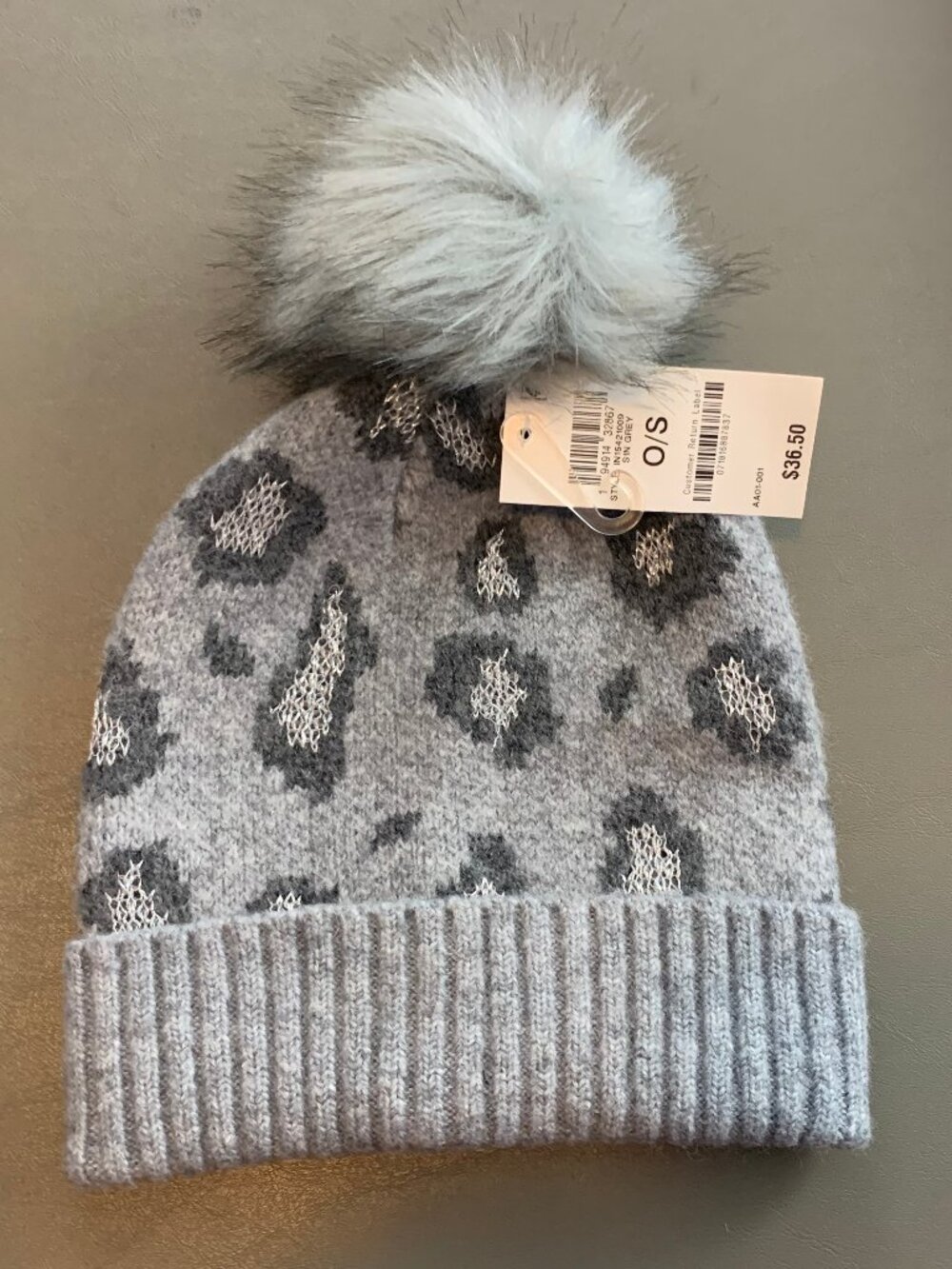 INC International Concepts Women's Leopard Shine Beanie Hat, Gray, One Size